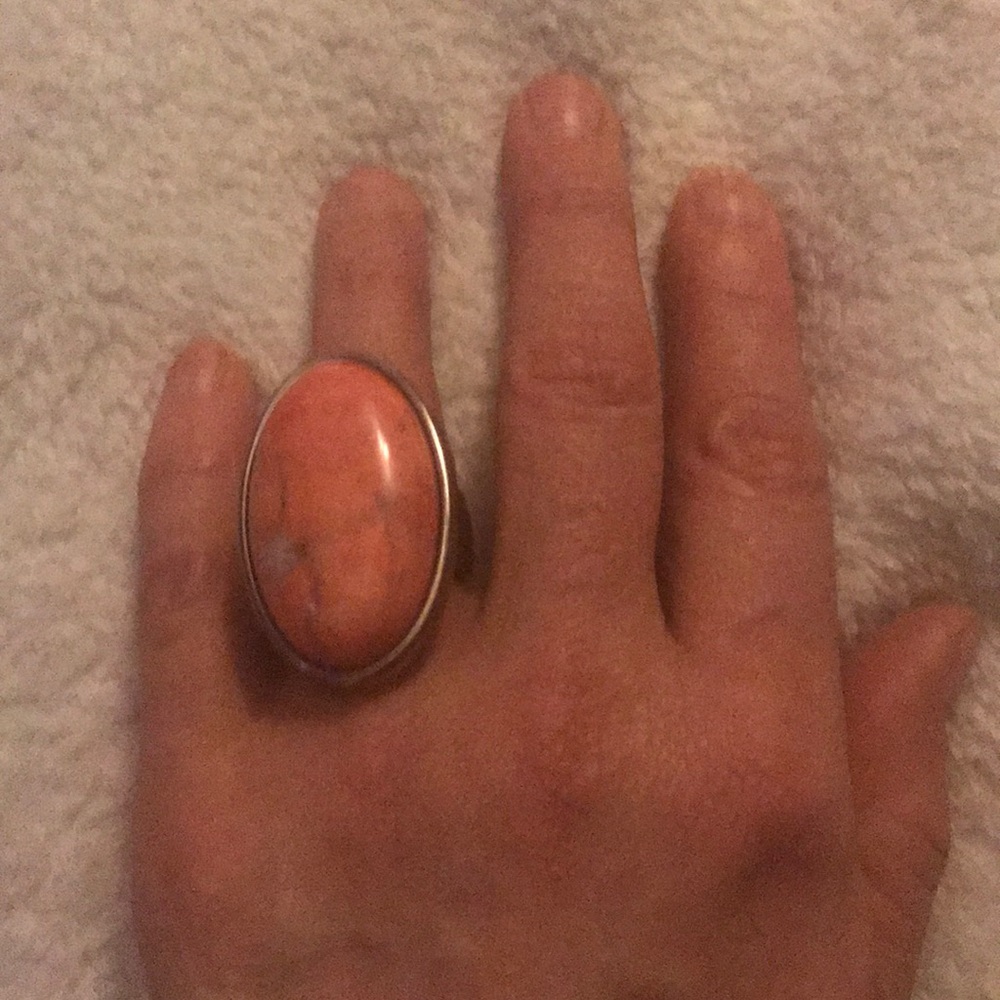Stunning silver ring with large oval Coral stone
